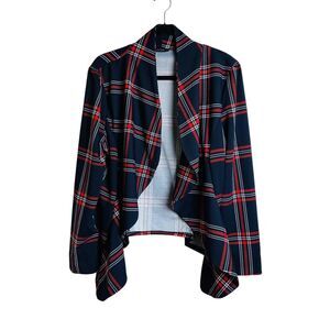 Ssoulm Jacket Womens XL Navy Red Plaid Waterfall Open Front Draped Cardigan Top